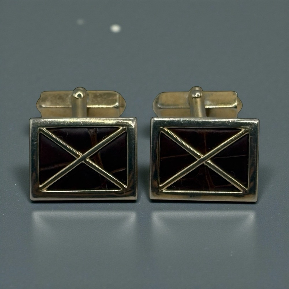 Swank Cuff Links Brown Leather Alligator Style VTG Gold Tone Rectangle X Design